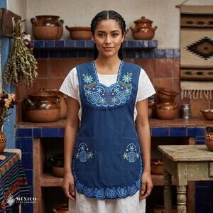 Blue Mexican Embroidered Smock Apron – Floral Traditional Design